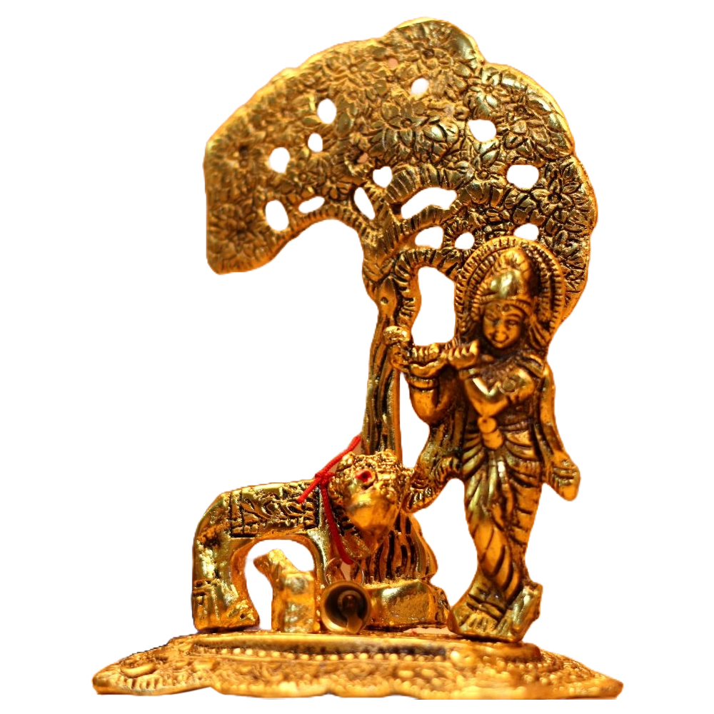 Metal Handcarved Antique Gold Finish Krishna Ji IDOL Standing Above Kadam Tree with Cow, Showpiece for Home Office Table Gift Item, Home Decore Living Drawing Room Decor